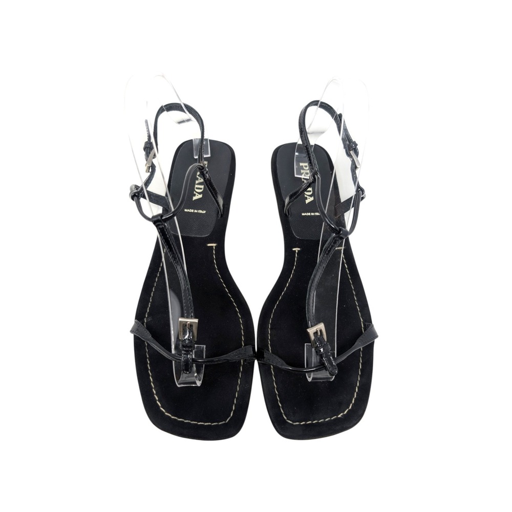 Prada Black Patent Leather T-Strap Flat‎ Sandals EU 40.5